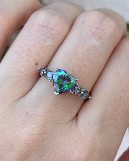 Mystic Topaz Heart Ring, 925 Sterling Silver Ring, Rainbow Heart Gemstone Ring, Romantic Promise Ring, Colorful Statement Ring, Gift for Her