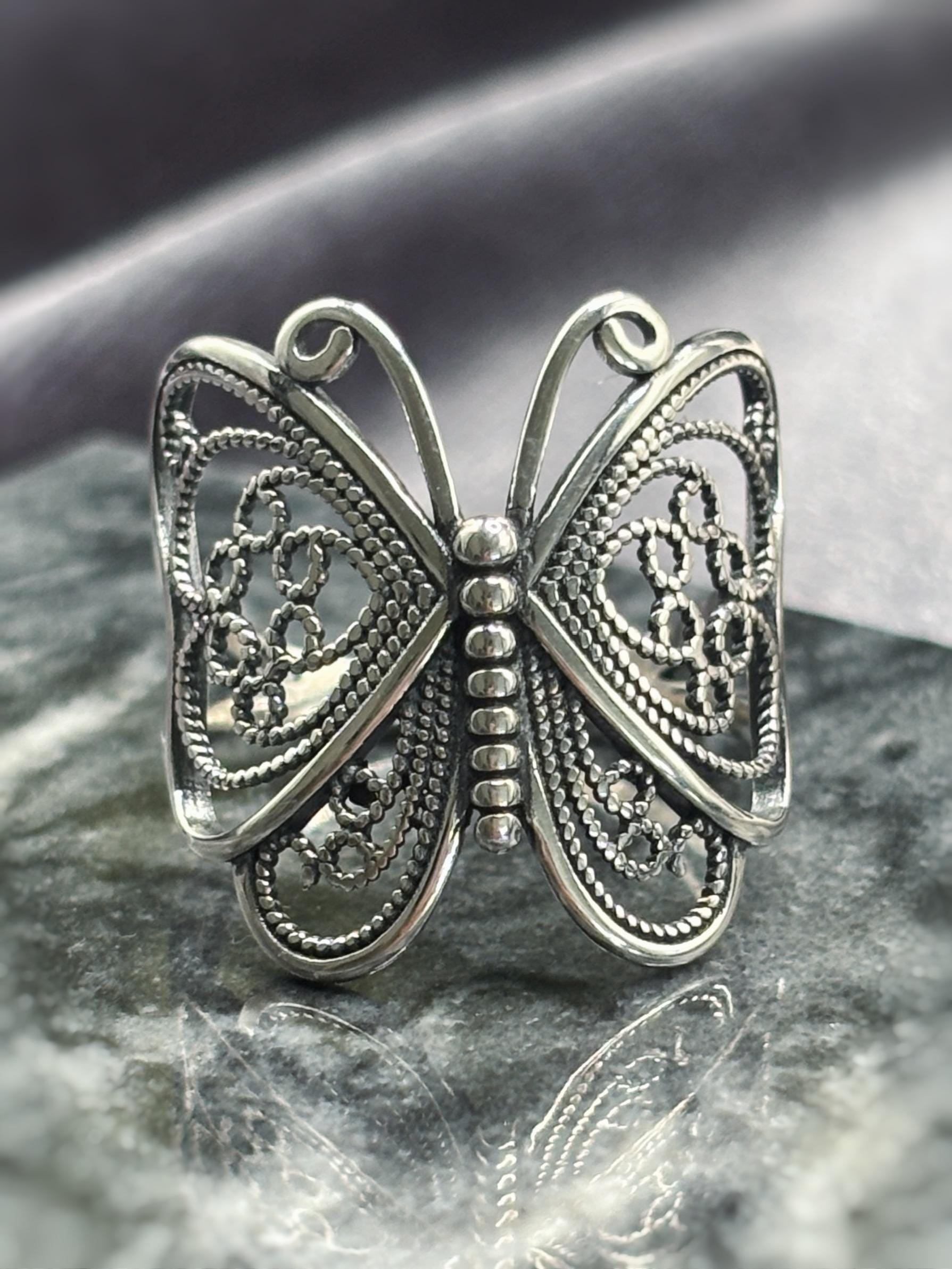 Handmade 925 Sterling Silver Butterfly Ring, Vintage Filigree Ring, Statement Butterfly Jewelry, Nature Inspired Ring, Gift for Her