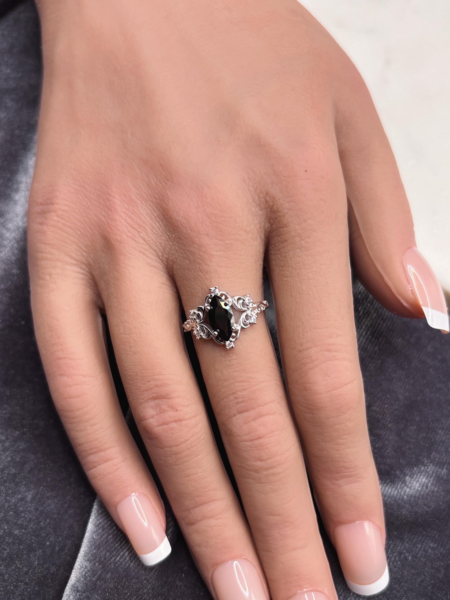 Handmade Black Onyx Ring 925 Sterling Silver, Marquise Cut Gothic Ring, Vintage Engagement Ring, Art Deco Statement Ring for Women