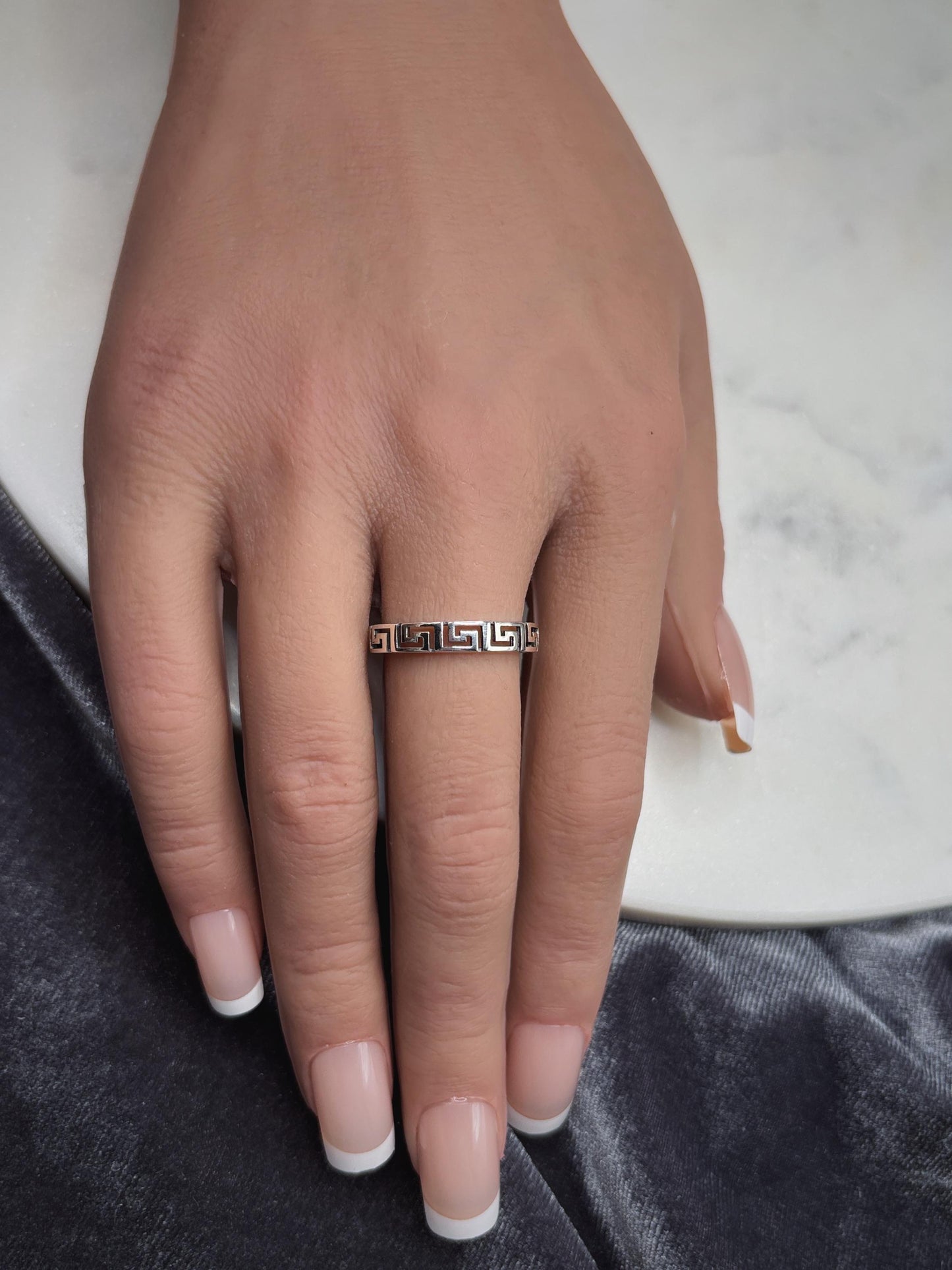 Greek Key Ring, Sterling Silver 925 Band, Minimalist Geometric Ring, Gold Plated Option, Stackable Everyday Jewelry
