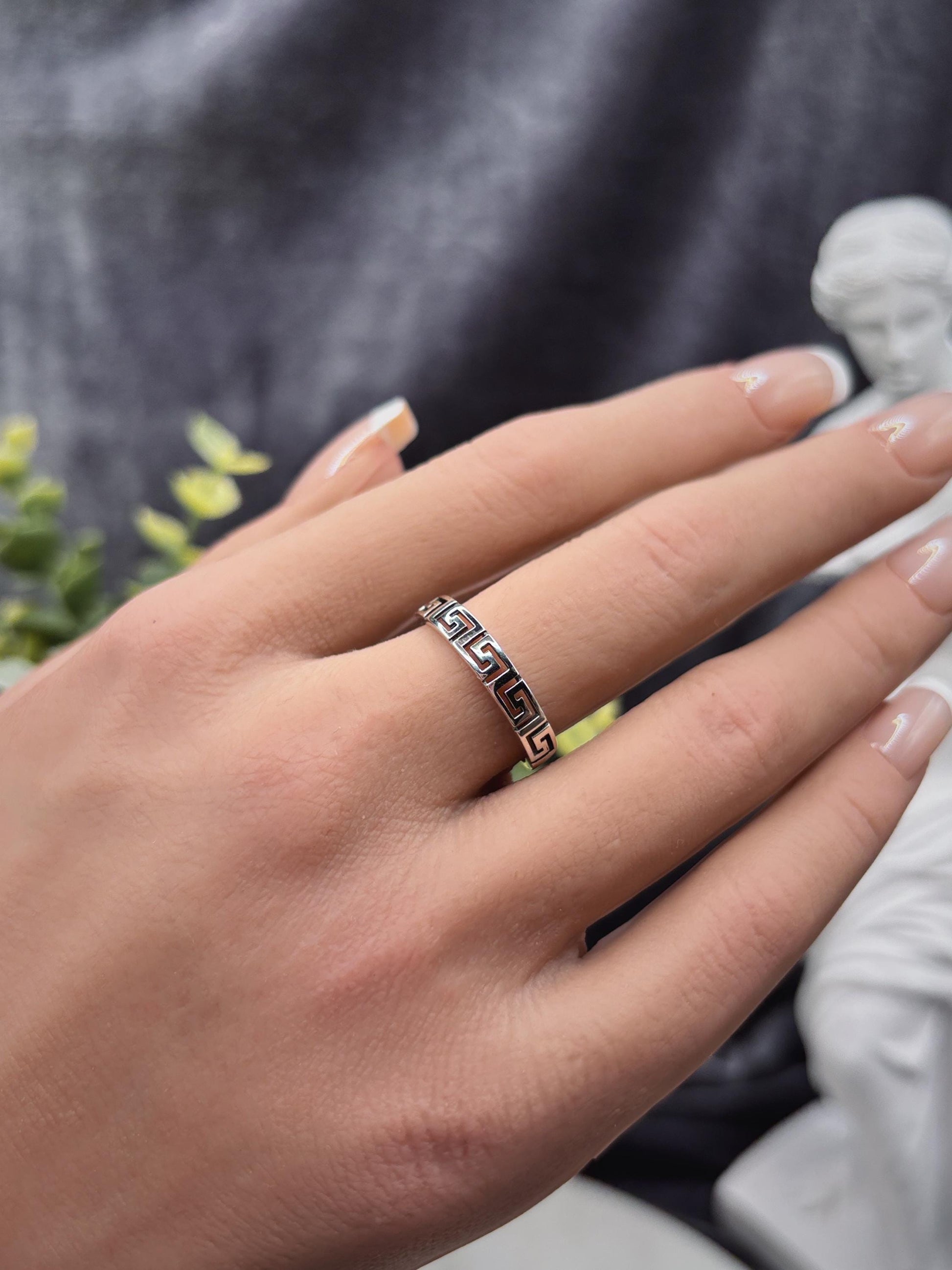 Greek Key Ring, Sterling Silver 925 Band, Minimalist Geometric Ring, Gold Plated Option, Stackable Everyday Jewelry