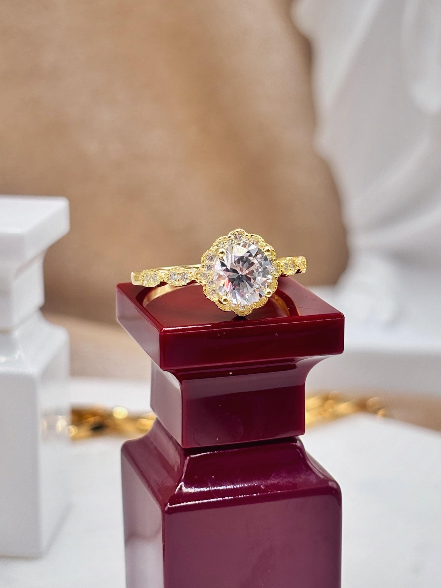 14K Yellow Gold Plated Halo Ring, CZ Diamond Engagement Ring, Round Cut Solitaire, Dainty Gold Ring, Promise Ring, Bridal Jewelry Gift