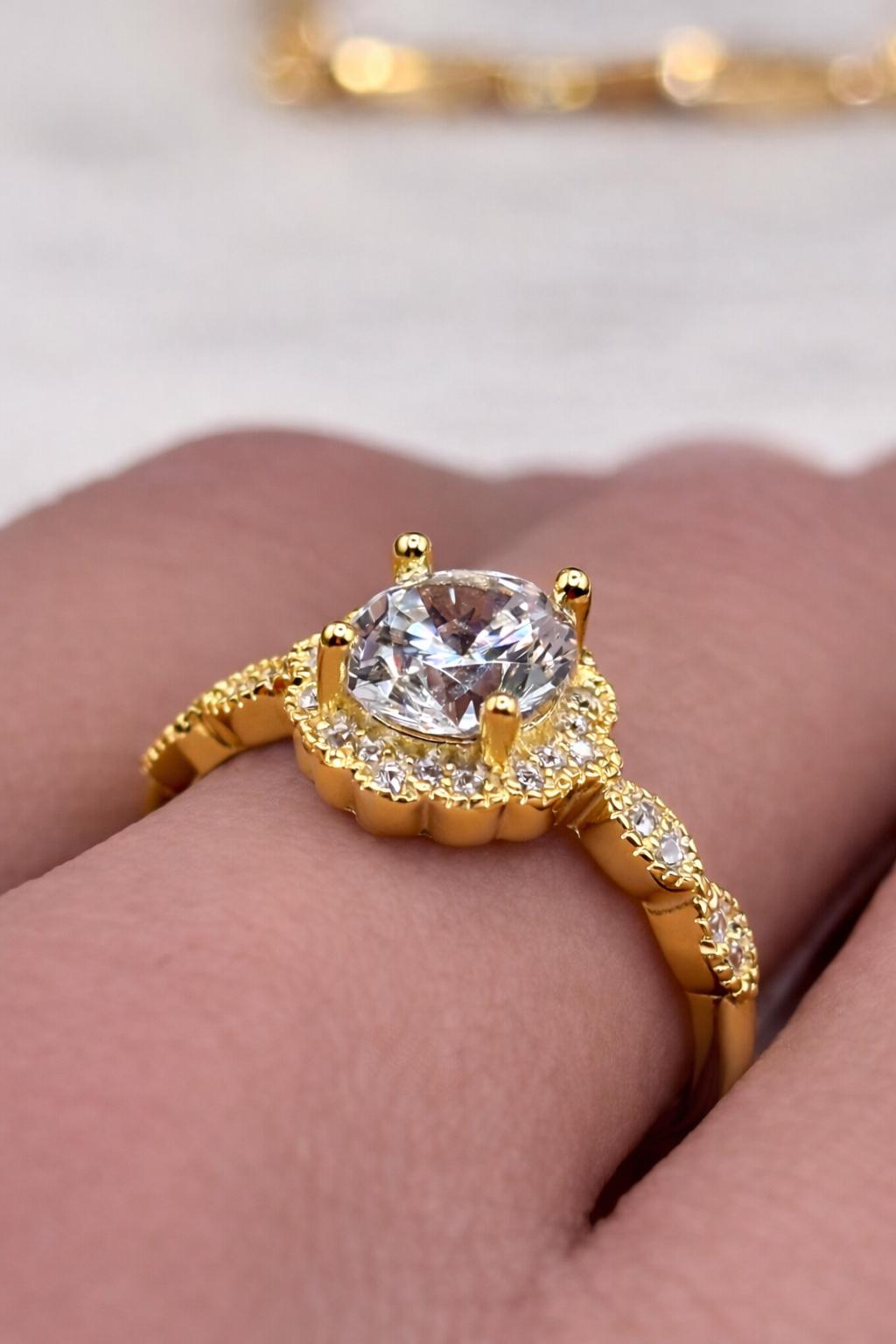 14K Yellow Gold Plated Halo Ring, CZ Diamond Engagement Ring, Round Cut Solitaire, Dainty Gold Ring, Promise Ring, Bridal Jewelry Gift