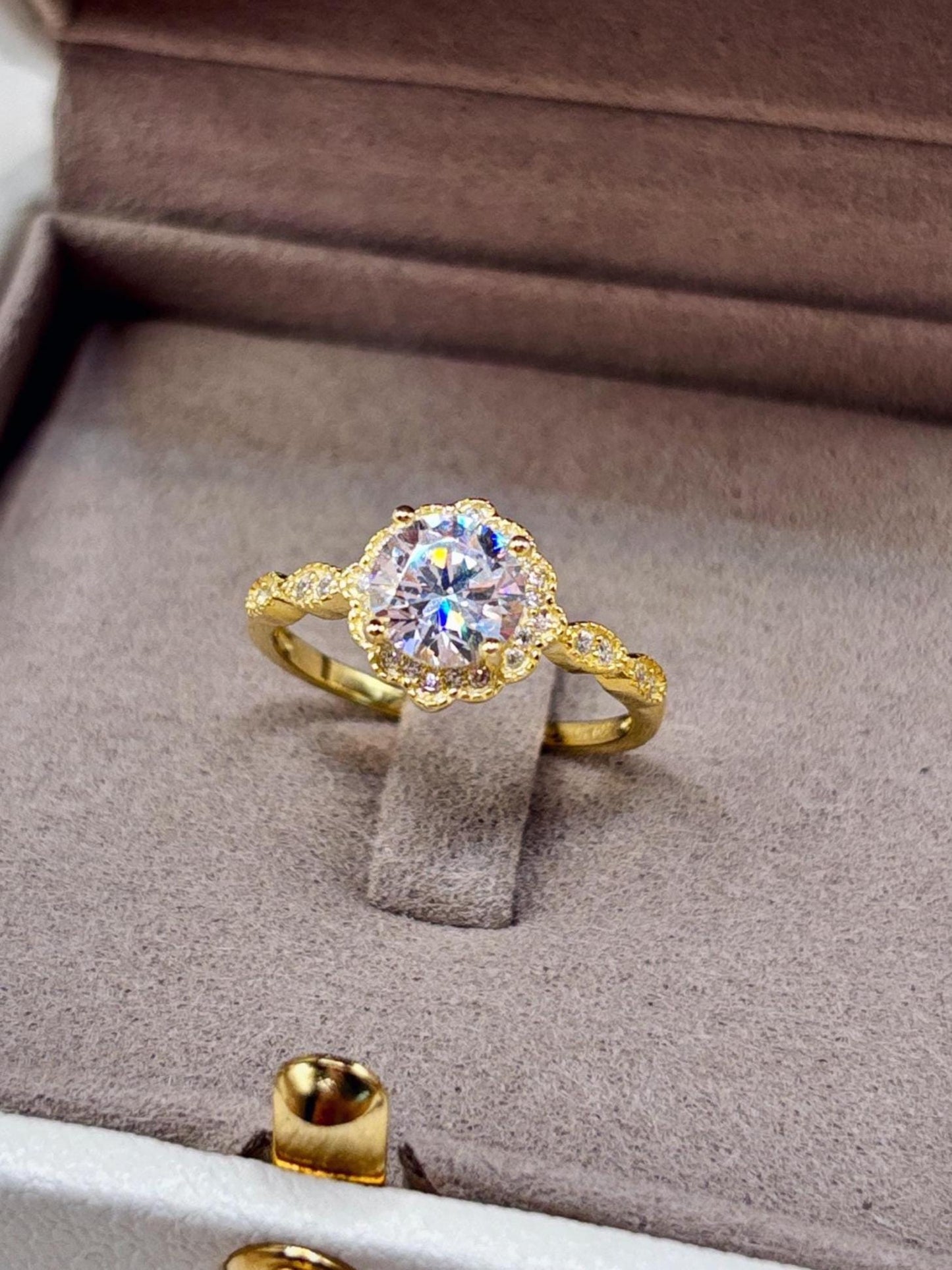 14K Yellow Gold Plated Halo Ring, CZ Diamond Engagement Ring, Round Cut Solitaire, Dainty Gold Ring, Promise Ring, Bridal Jewelry Gift