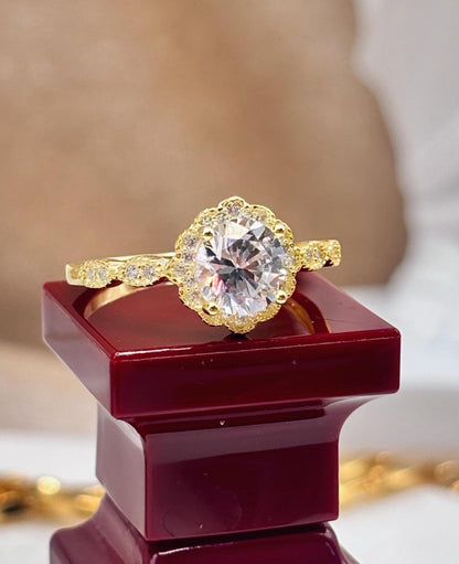14K Yellow Gold Plated Halo Ring, CZ Diamond Engagement Ring, Round Cut Solitaire, Dainty Gold Ring, Promise Ring, Bridal Jewelry Gift