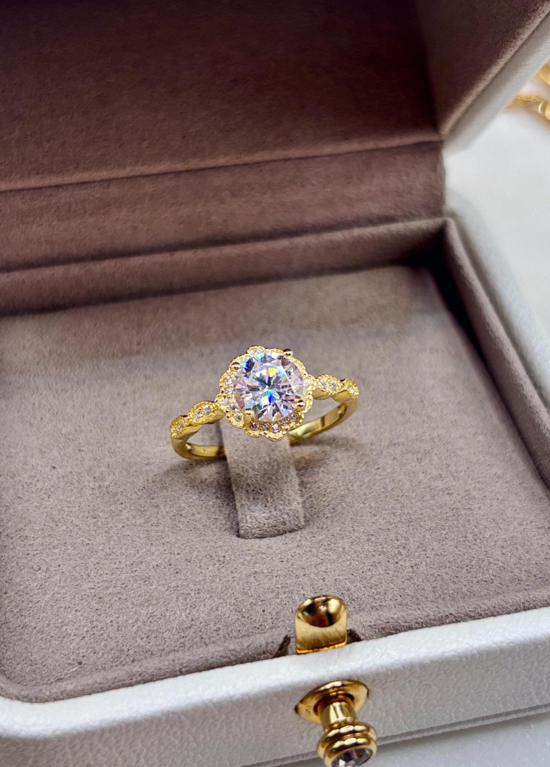 14K Yellow Gold Plated Halo Ring, CZ Diamond Engagement Ring, Round Cut Solitaire, Dainty Gold Ring, Promise Ring, Bridal Jewelry Gift