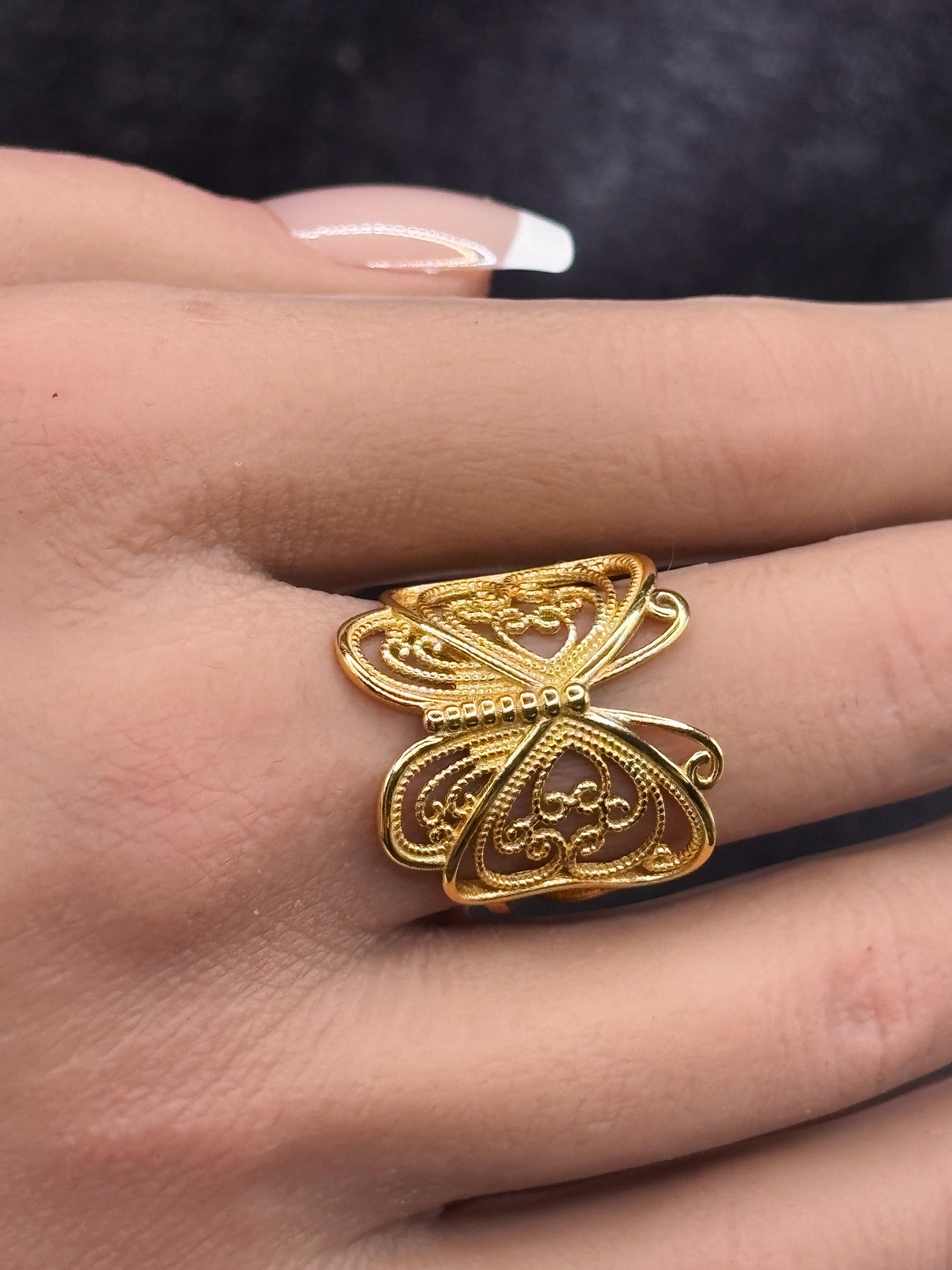 14k gold plated ring, filigree statement ring, minimalist gold ring, dainty nature ring, gift for her, handmade butterfly ring, silver