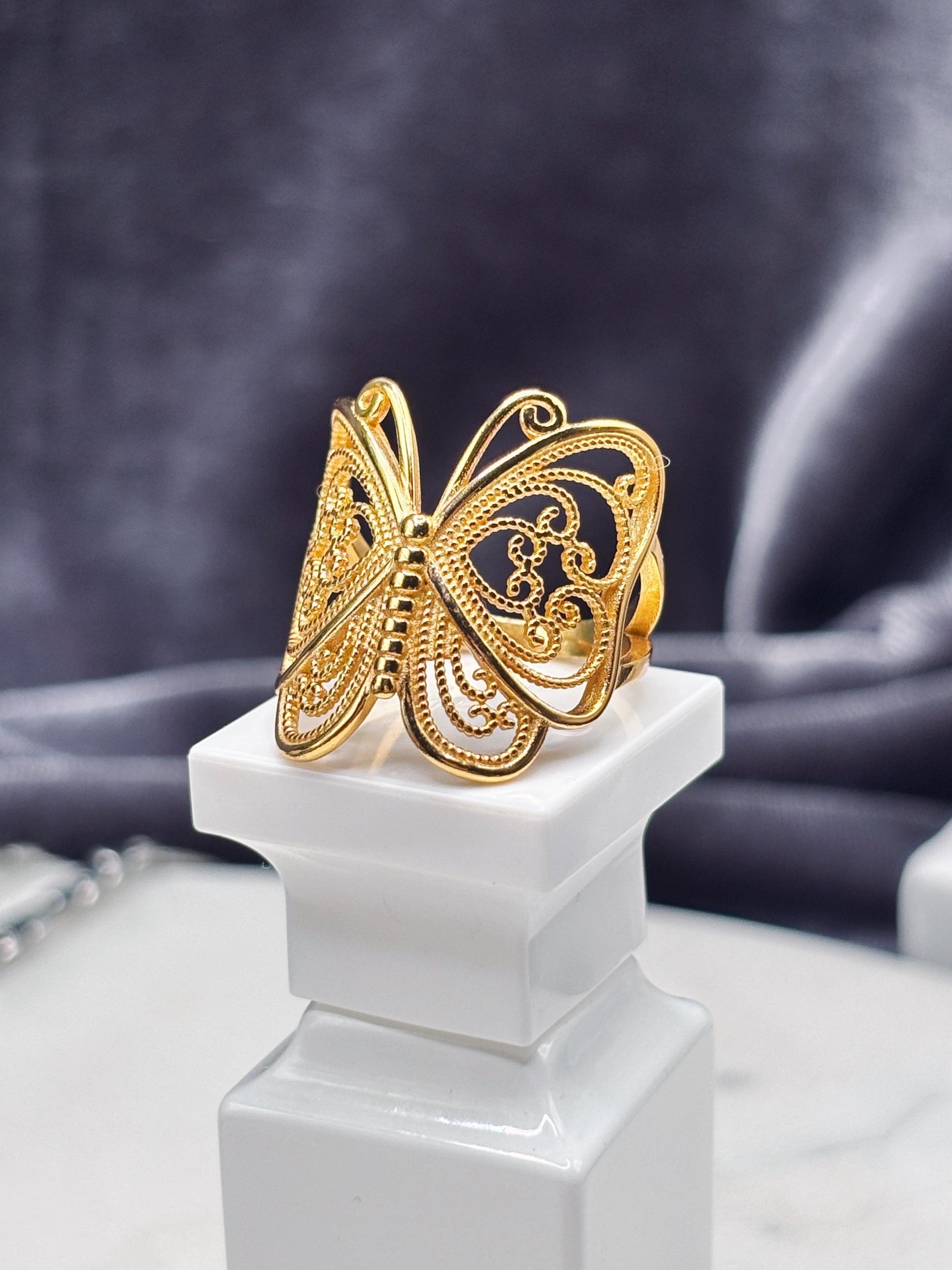 14k gold plated ring, filigree statement ring, minimalist gold ring, dainty nature ring, gift for her, handmade butterfly ring, silver