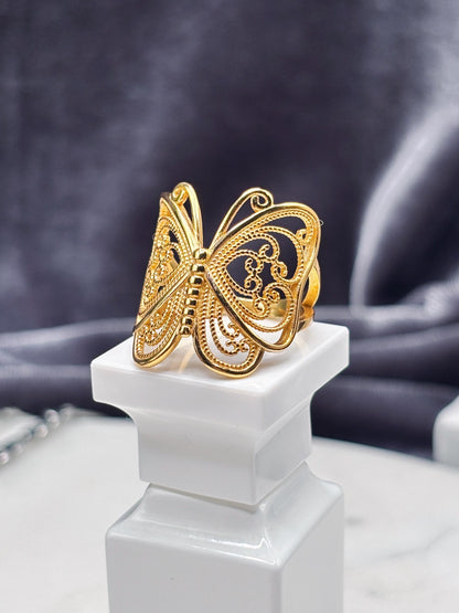 14k gold plated ring, filigree statement ring, minimalist gold ring, dainty nature ring, gift for her, handmade butterfly ring, silver