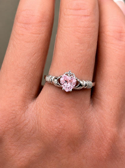 Vintage Heart Ring in 925 Sterling Silver, Heart CZ Ring, Irish Claddagh Inspired Ring, Promise Ring, Birthstone Ring for Her