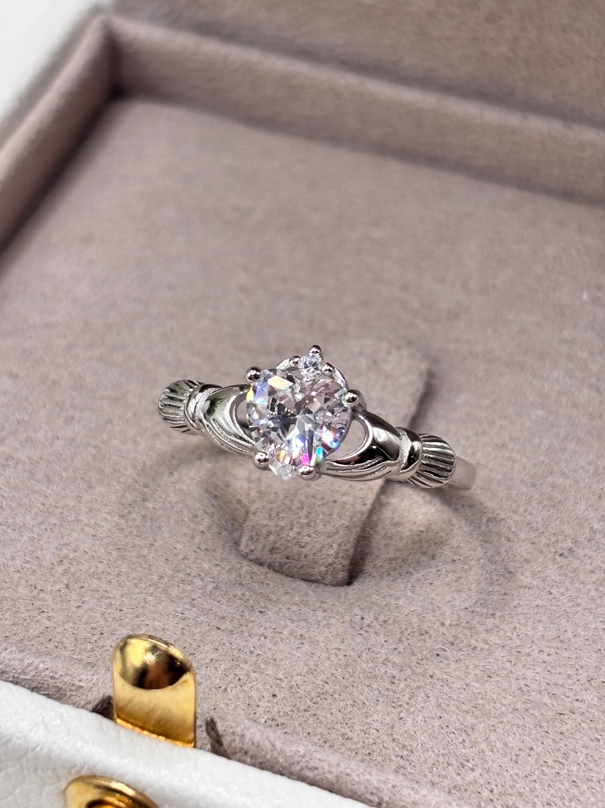 Vintage Heart Ring in 925 Sterling Silver, Heart CZ Ring, Irish Claddagh Inspired Ring, Promise Ring, Birthstone Ring for Her