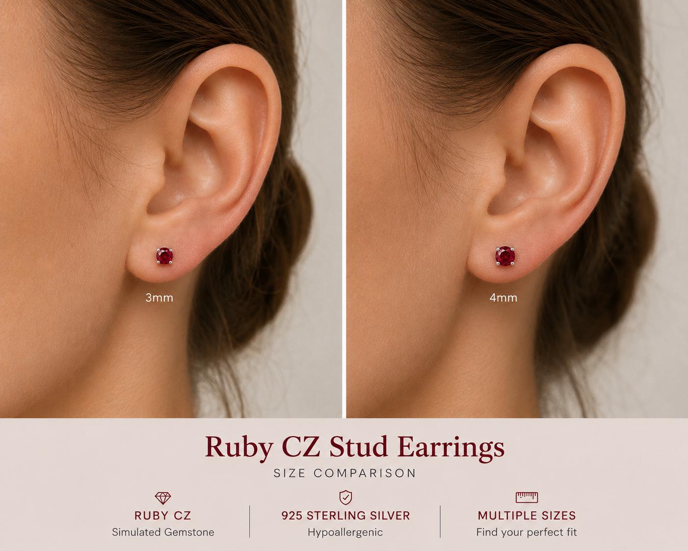 Ruby CZ Stud Earrings, 925 Sterling Silver Earrings, Red Gemstone Studs, Hypoallergenic Minimal Earrings, Everyday Jewelry Gift