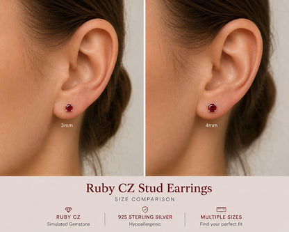 Ruby CZ Stud Earrings, 925 Sterling Silver Earrings, Red Gemstone Studs, Hypoallergenic Minimal Earrings, Everyday Jewelry Gift