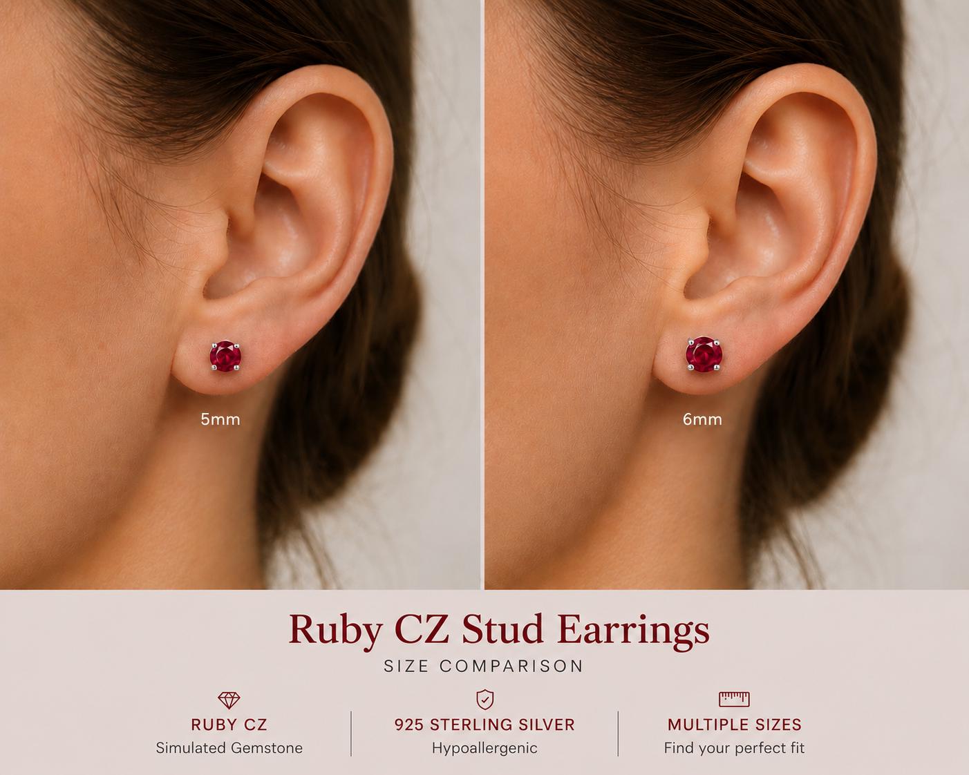 Ruby CZ Stud Earrings, 925 Sterling Silver Earrings, Red Gemstone Studs, Hypoallergenic Minimal Earrings, Everyday Jewelry Gift
