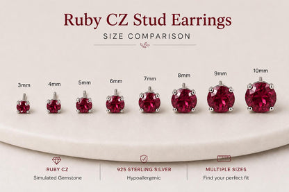 Ruby CZ Stud Earrings, 925 Sterling Silver Earrings, Red Gemstone Studs, Hypoallergenic Minimal Earrings, Everyday Jewelry Gift