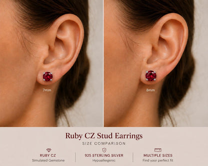 Ruby CZ Stud Earrings, 925 Sterling Silver Earrings, Red Gemstone Studs, Hypoallergenic Minimal Earrings, Everyday Jewelry Gift