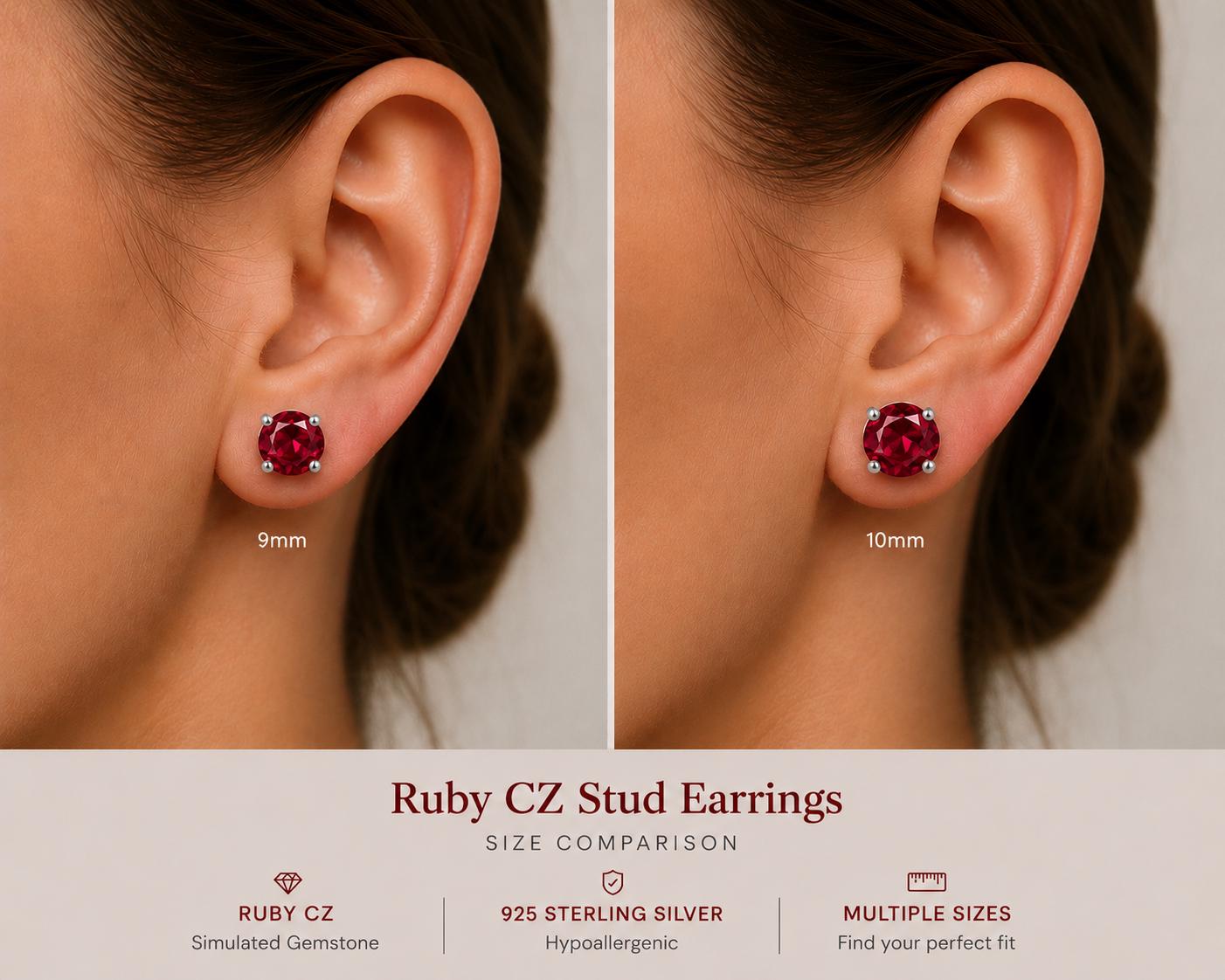 Ruby CZ Stud Earrings, 925 Sterling Silver Earrings, Red Gemstone Studs, Hypoallergenic Minimal Earrings, Everyday Jewelry Gift