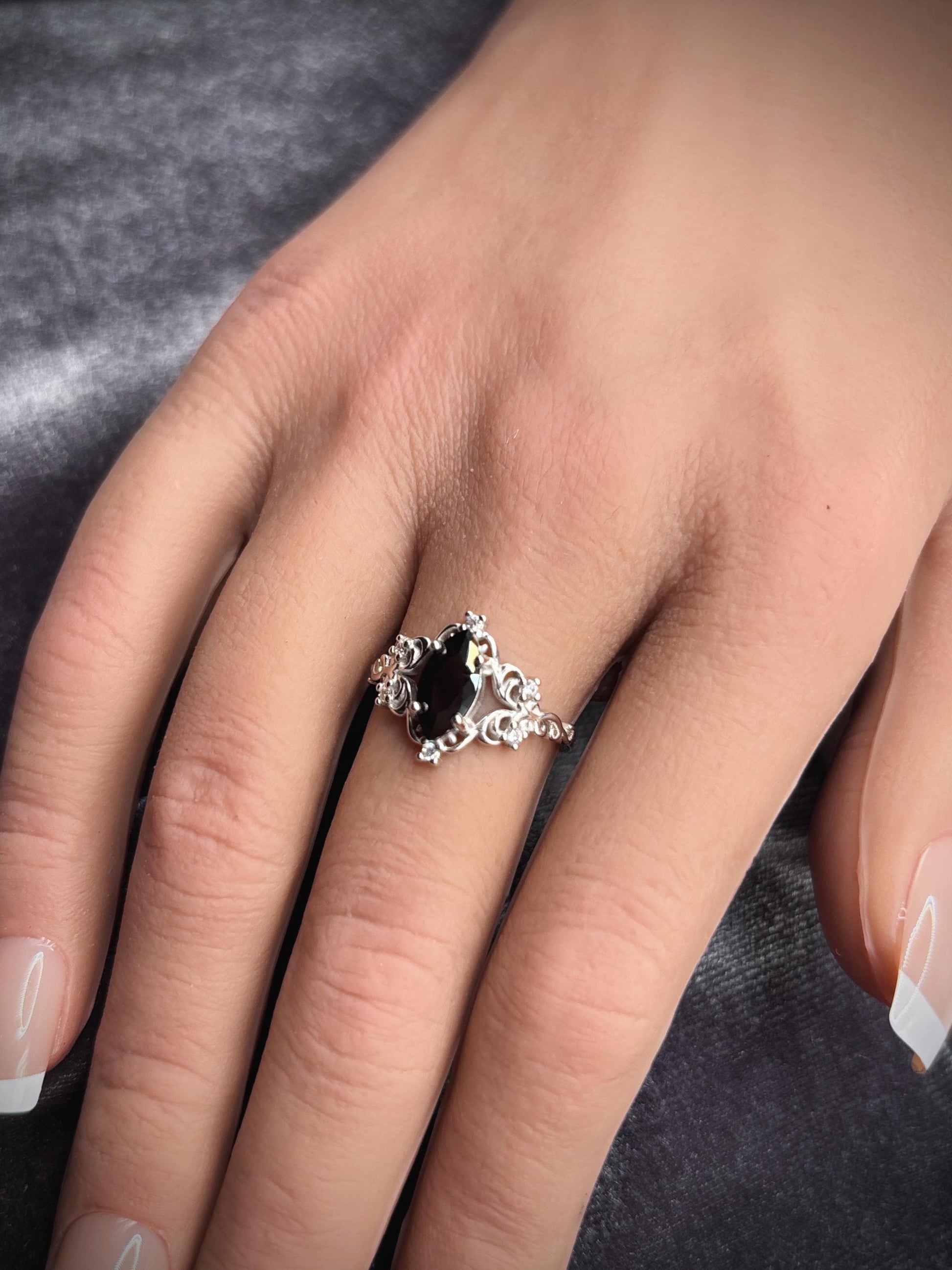 Handmade Black Onyx Ring 925 Sterling Silver, Marquise Cut Gothic Ring, Vintage Engagement Ring, Art Deco Statement Ring for Women