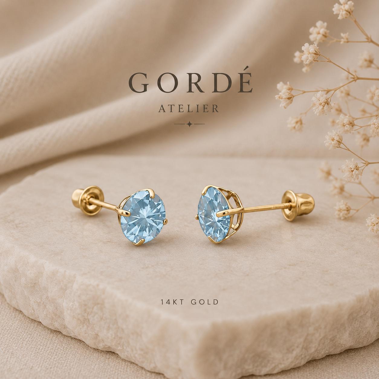 Aquamarine CZ Stud Earrings, 14K Gold Studs, March Birthstone Earrings, Minimalist Everyday Earrings, Tiny Blue Crystal Studs