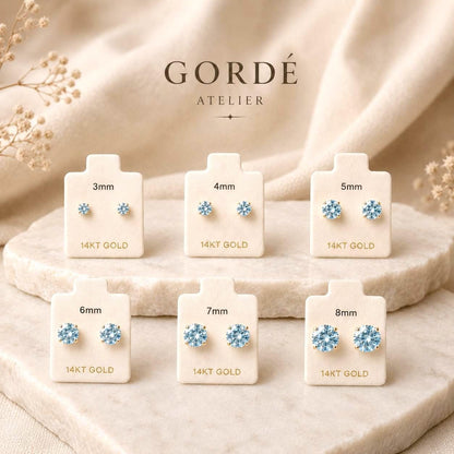 Aquamarine CZ Stud Earrings, 14K Gold Studs, March Birthstone Earrings, Minimalist Everyday Earrings, Tiny Blue Crystal Studs