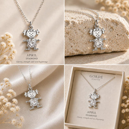 High polished 925 sterling silver round CZ birthstone girl charm, personalized girl pendant, birthstone necklace charm, gift for daughter