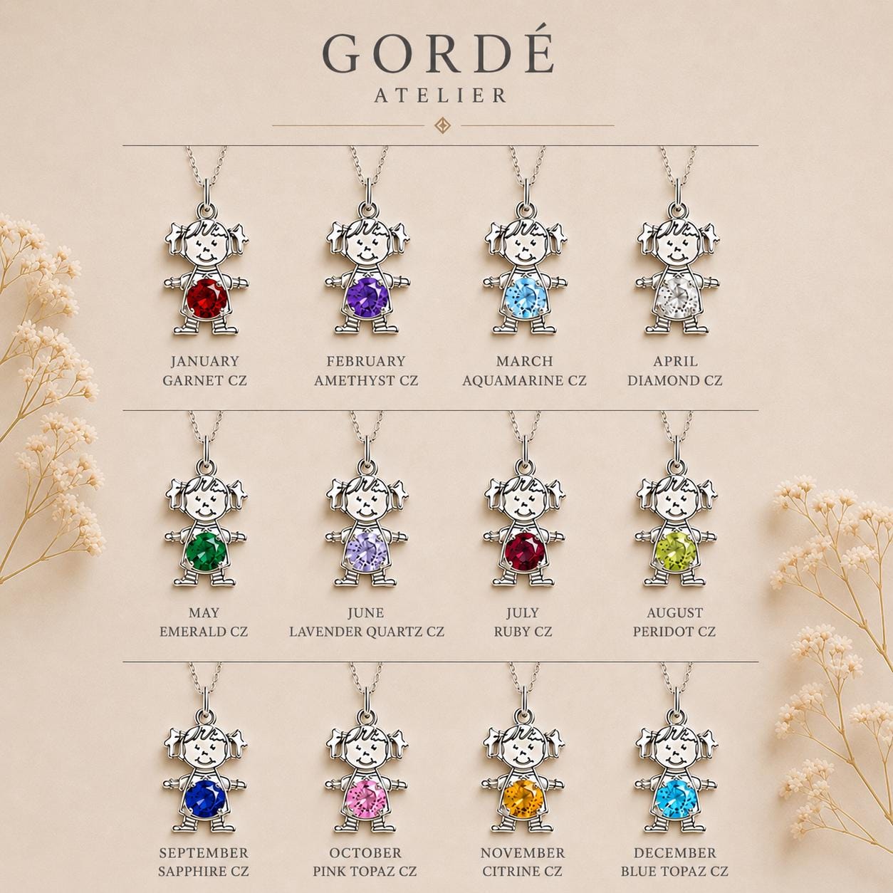 High polished 925 sterling silver round CZ birthstone girl charm, personalized girl pendant, birthstone necklace charm, gift for daughter