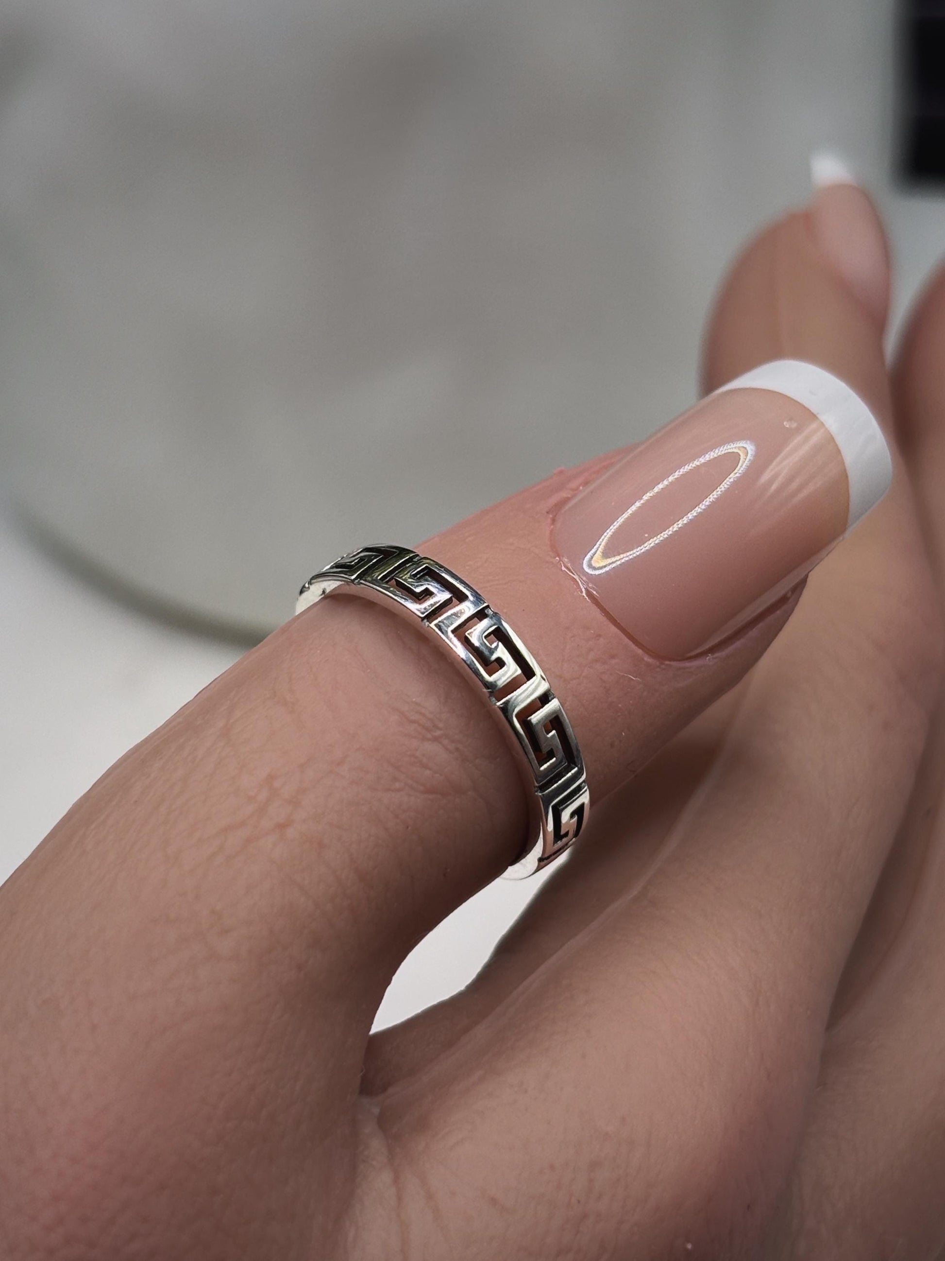 Greek Key Ring, Sterling Silver 925 Band, Minimalist Geometric Ring, Gold Plated Option, Stackable Everyday Jewelry