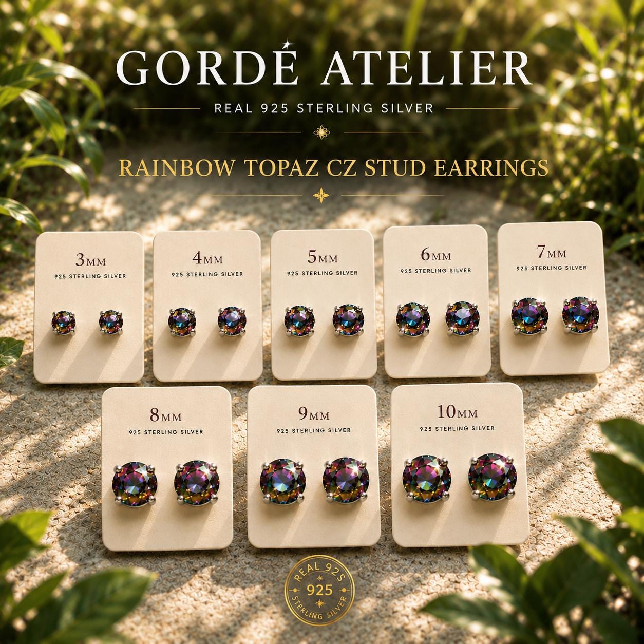 Rainbow Topaz CZ Stud Earrings, 925 Sterling Silver Earrings, Mystic Rainbow Earrings, Colorful Crystal Studs, 3mm 4mm 5mm 6mm 7mm 8mm 9mm