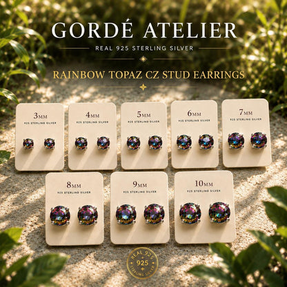 Rainbow Topaz CZ Stud Earrings, 925 Sterling Silver Earrings, Mystic Rainbow Earrings, Colorful Crystal Studs, 3mm 4mm 5mm 6mm 7mm 8mm 9mm