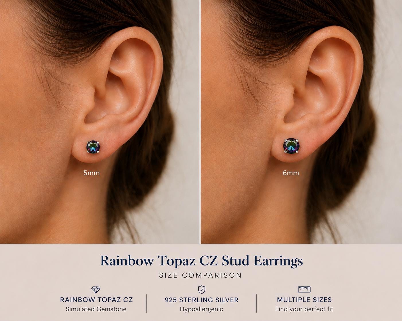 Rainbow Topaz CZ Stud Earrings, 925 Sterling Silver Earrings, Mystic Rainbow Earrings, Colorful Crystal Studs, 3mm 4mm 5mm 6mm 7mm 8mm 9mm
