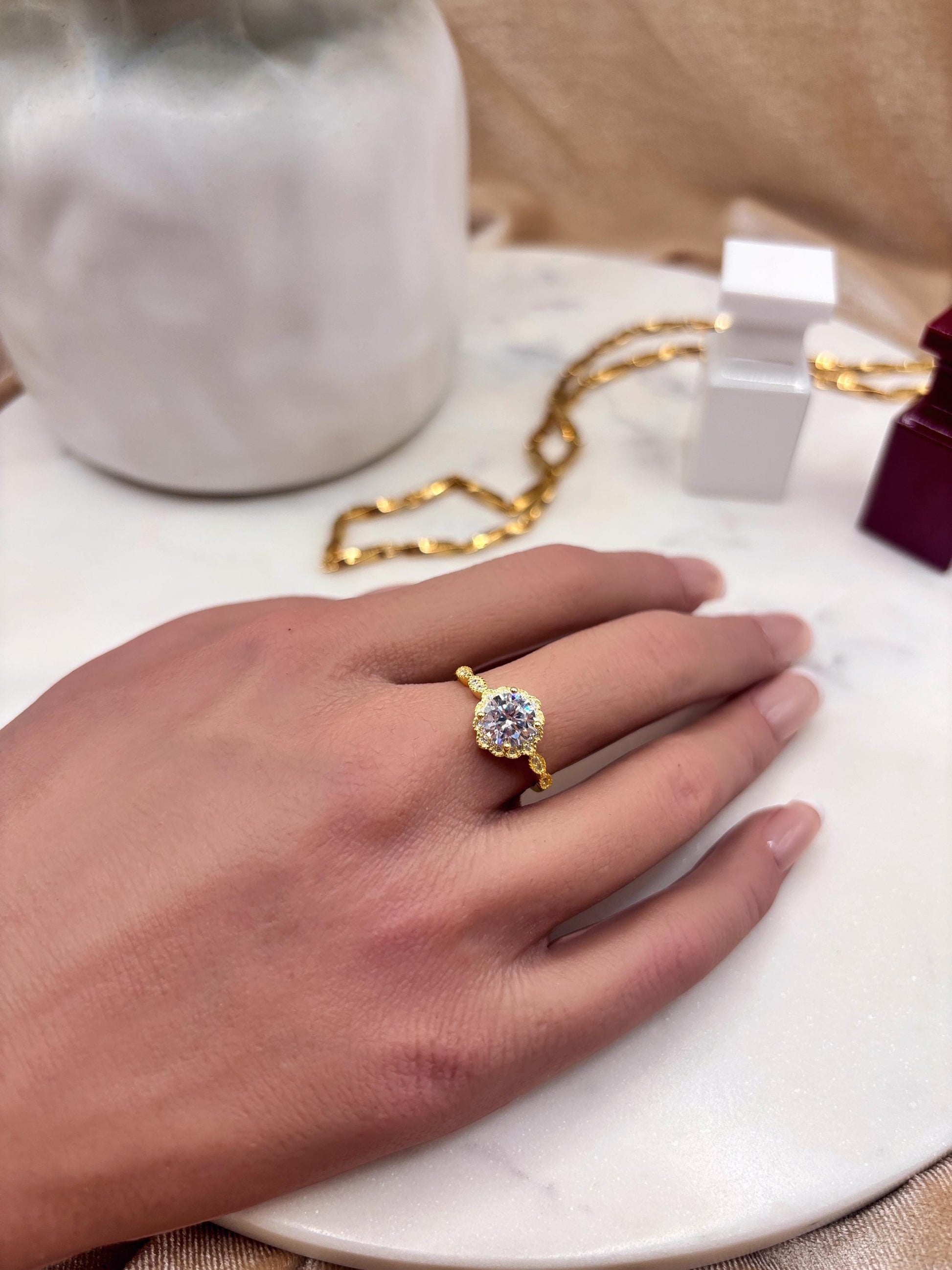14K Yellow Gold Plated Halo Ring, CZ Diamond Engagement Ring, Round Cut Solitaire, Dainty Gold Ring, Promise Ring, Bridal Jewelry Gift