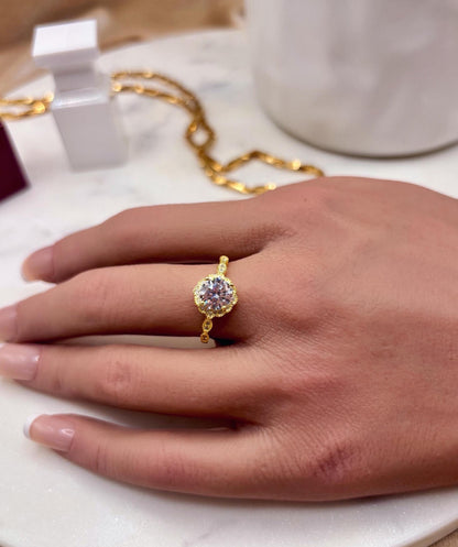 14K Yellow Gold Plated Halo Ring, CZ Diamond Engagement Ring, Round Cut Solitaire, Dainty Gold Ring, Promise Ring, Bridal Jewelry Gift