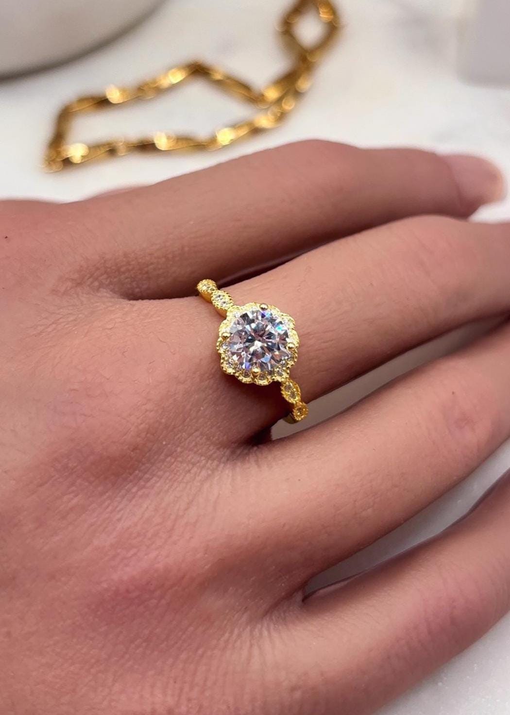 14K Yellow Gold Plated Halo Ring, CZ Diamond Engagement Ring, Round Cut Solitaire, Dainty Gold Ring, Promise Ring, Bridal Jewelry Gift