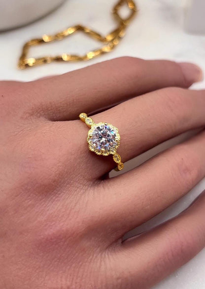 14K Yellow Gold Plated Halo Ring, CZ Diamond Engagement Ring, Round Cut Solitaire, Dainty Gold Ring, Promise Ring, Bridal Jewelry Gift