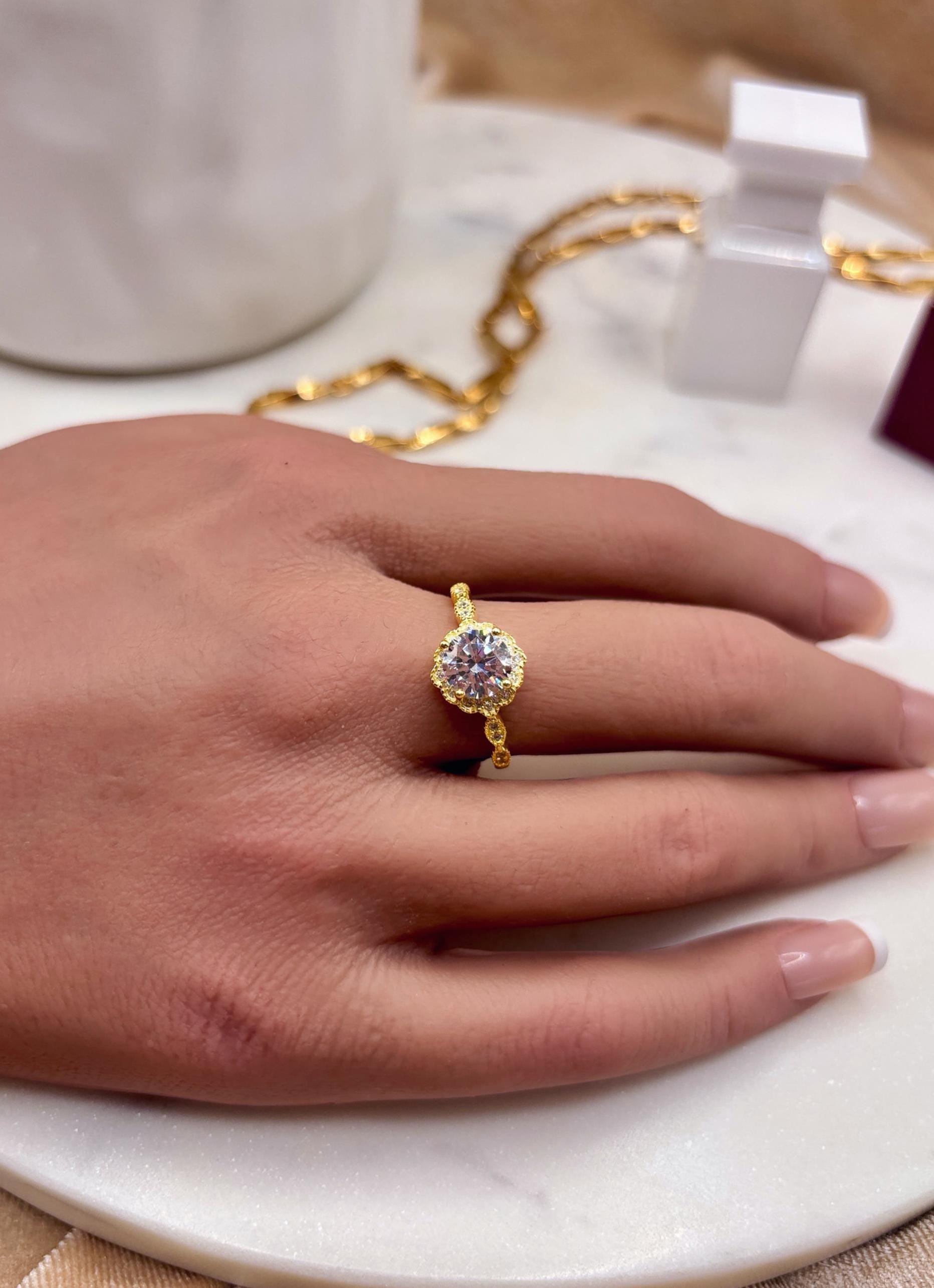 14K Yellow Gold Plated Halo Ring, CZ Diamond Engagement Ring, Round Cut Solitaire, Dainty Gold Ring, Promise Ring, Bridal Jewelry Gift