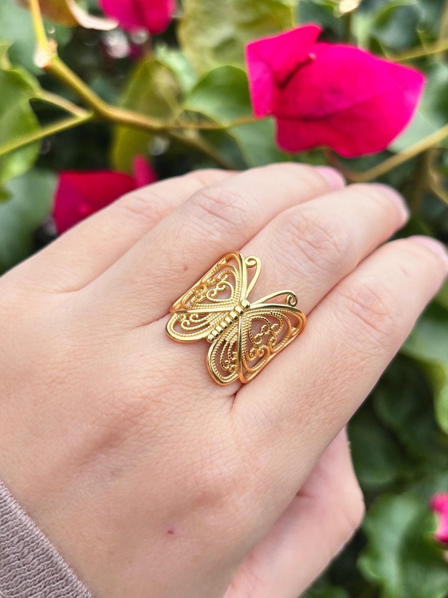 14k gold plated ring, filigree statement ring, minimalist gold ring, dainty nature ring, gift for her, handmade butterfly ring, silver