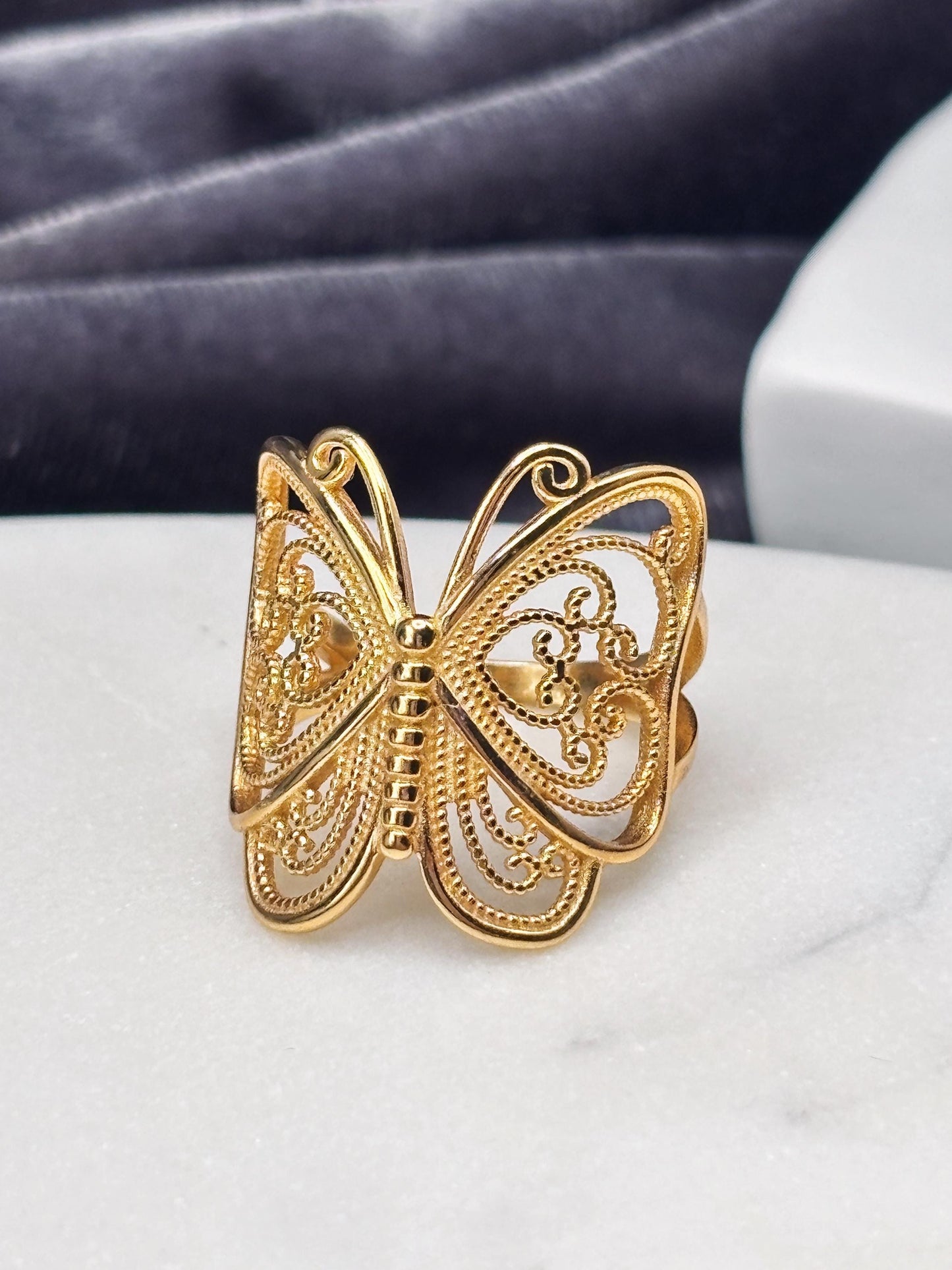 14k gold plated ring, filigree statement ring, minimalist gold ring, dainty nature ring, gift for her, handmade butterfly ring, silver