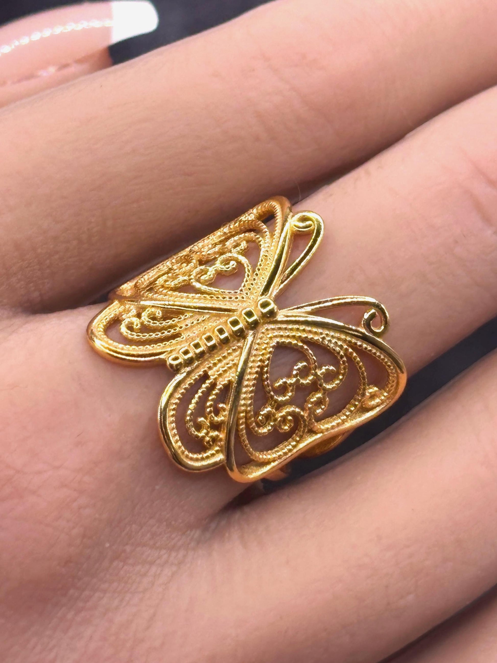 14k gold plated ring, filigree statement ring, minimalist gold ring, dainty nature ring, gift for her, handmade butterfly ring, silver