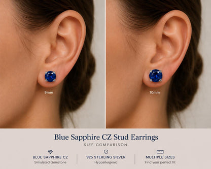 Blue Sapphire CZ Stud Earrings, 925 Sterling Silver Earrings, Sapphire Studs, Simulated Sapphire Jewelry, Minimalist Earrings Gift for Her
