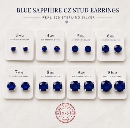 Blue Sapphire CZ Stud Earrings, 925 Sterling Silver Earrings, Sapphire Studs, Simulated Sapphire Jewelry, Minimalist Earrings Gift for Her