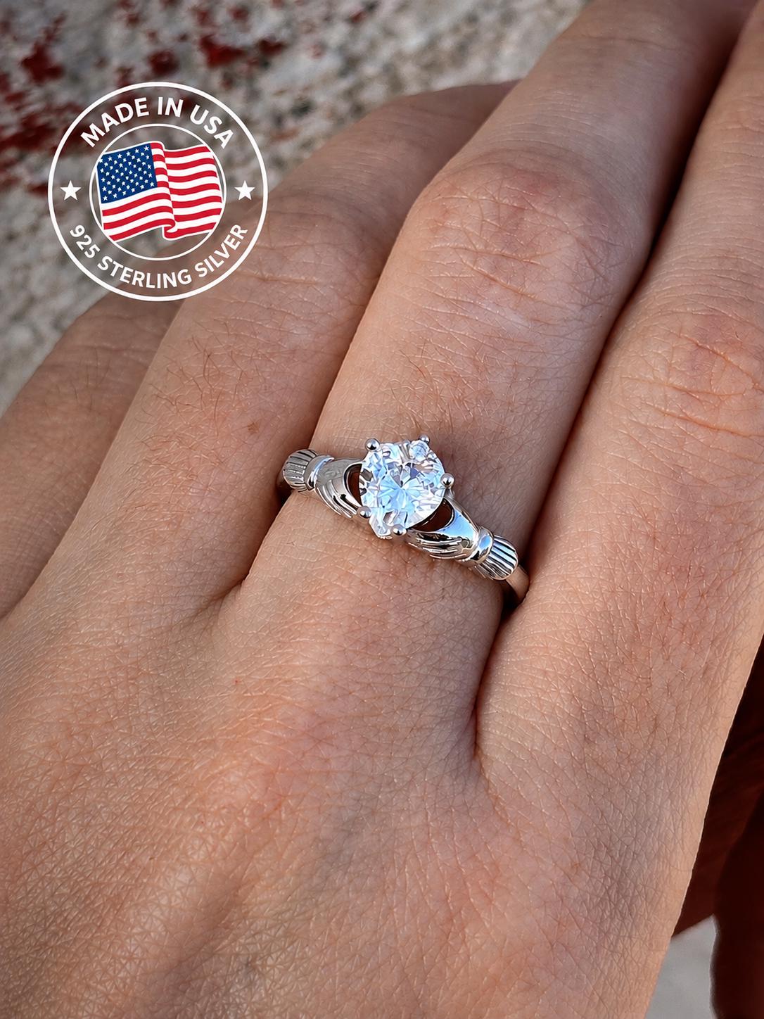 925 Sterling Silver Irish Promise Claddagh Ring, CZ Simulated Diamond Heart Ring, Minimalist Engagement Ring for Her
