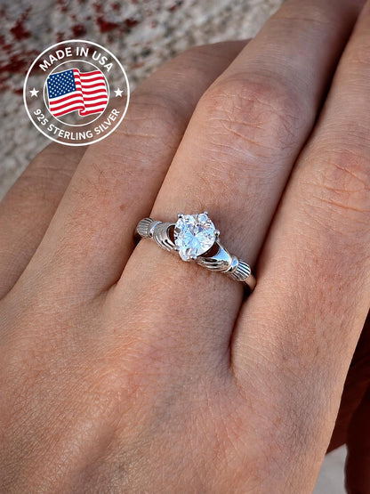 925 Sterling Silver Irish Promise Claddagh Ring, CZ Simulated Diamond Heart Ring, Minimalist Engagement Ring for Her
