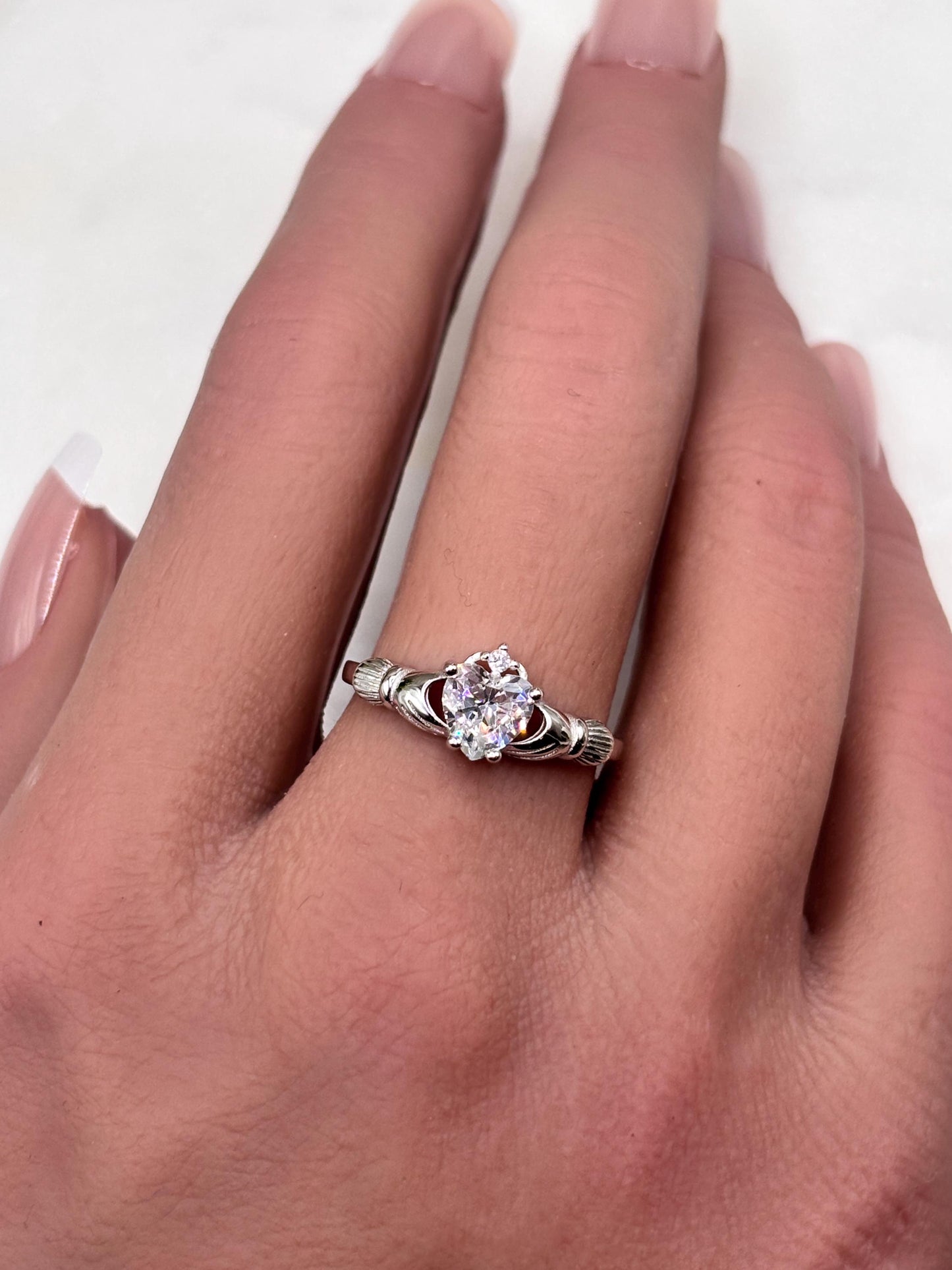 Vintage Heart Ring in 925 Sterling Silver, Heart CZ Ring, Irish Claddagh Inspired Ring, Promise Ring, Birthstone Ring for Her