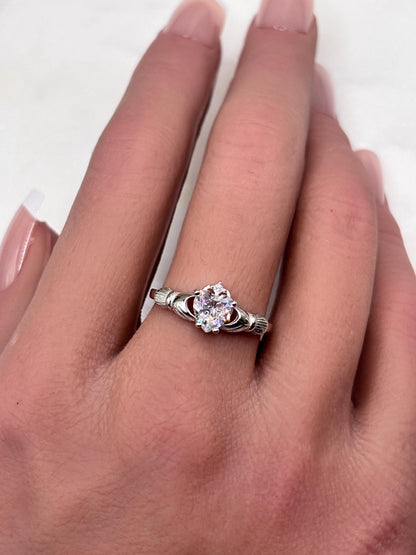 Vintage Heart Ring in 925 Sterling Silver, Heart CZ Ring, Irish Claddagh Inspired Ring, Promise Ring, Birthstone Ring for Her