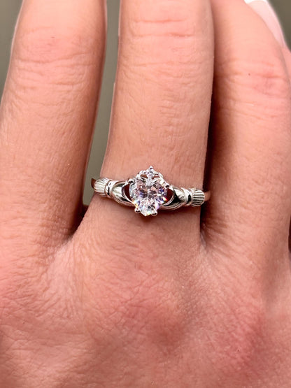 Vintage Heart Ring in 925 Sterling Silver, Heart CZ Ring, Irish Claddagh Inspired Ring, Promise Ring, Birthstone Ring for Her