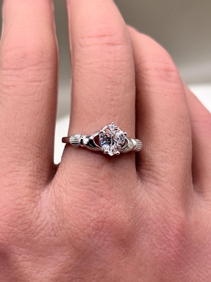 Vintage Heart Ring in 925 Sterling Silver, Heart CZ Ring, Irish Claddagh Inspired Ring, Promise Ring, Birthstone Ring for Her