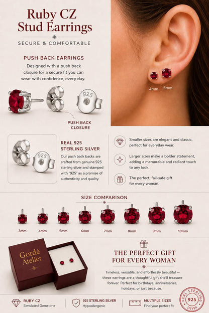 Ruby CZ Stud Earrings, 925 Sterling Silver Earrings, Red Gemstone Studs, Hypoallergenic Minimal Earrings, Everyday Jewelry Gift