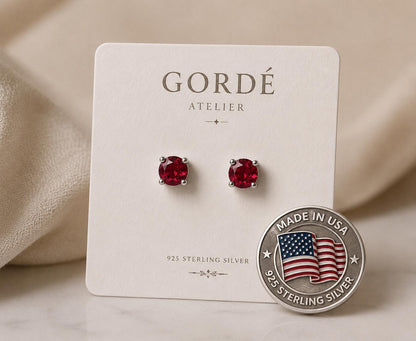 Ruby CZ Stud Earrings, 925 Sterling Silver Earrings, Red Gemstone Studs, Hypoallergenic Minimal Earrings, Everyday Jewelry Gift