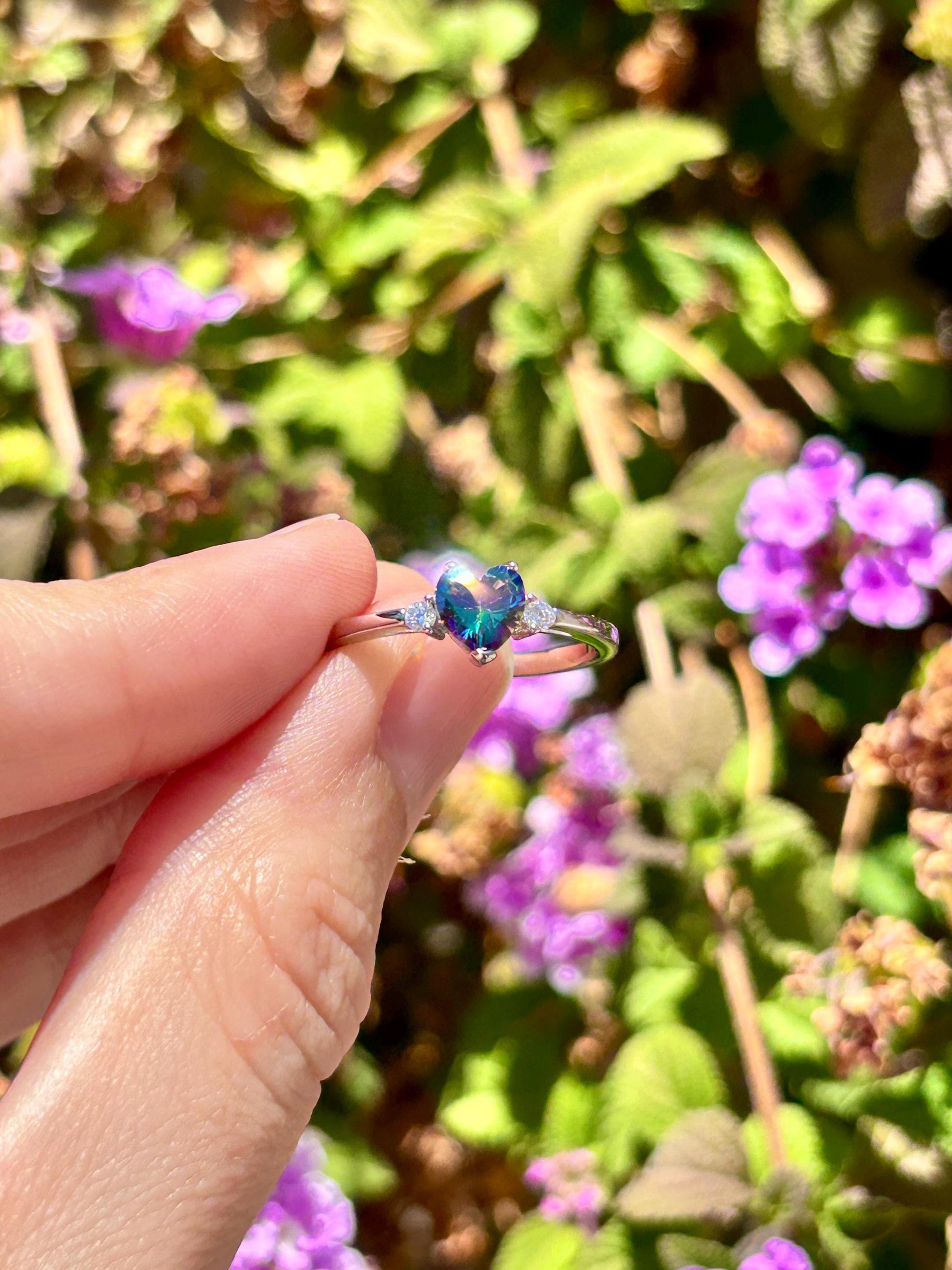 Rainbow Mystic Topaz Heart Ring, 925 Sterling Silver Promise Ring, Color Changing Heart Ring, Dainty Rainbow Stone Ring, Gift for Her