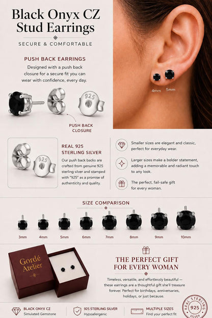 Black Onyx CZ Stud Earrings, 925 Sterling Silver Earrings, Black Gemstone Studs, Hypoallergenic Minimal Earrings, Everyday Jewelry Gift